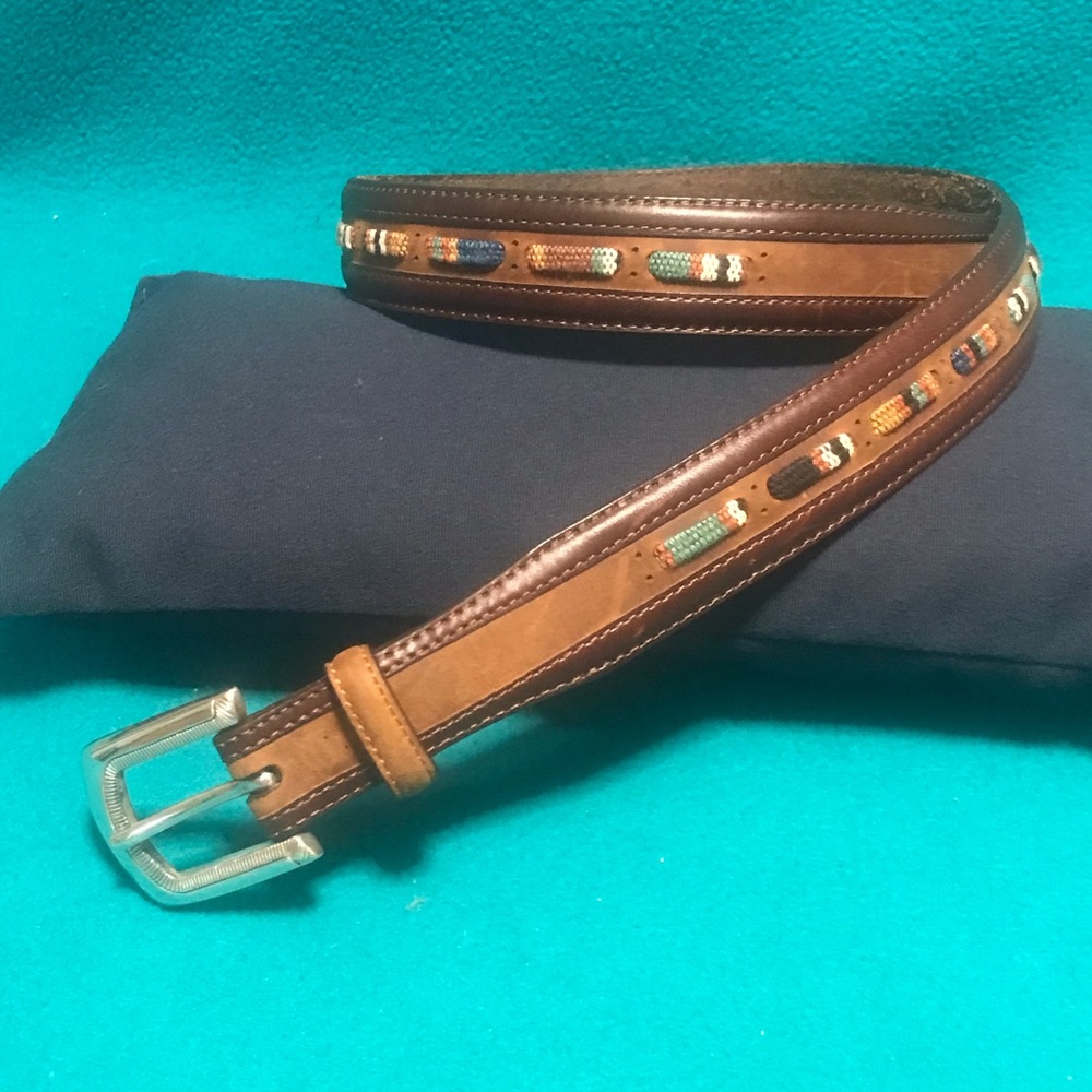 Brighton Brown Leather Belt with Southwestern Ribbon Woven Through Sz 34
